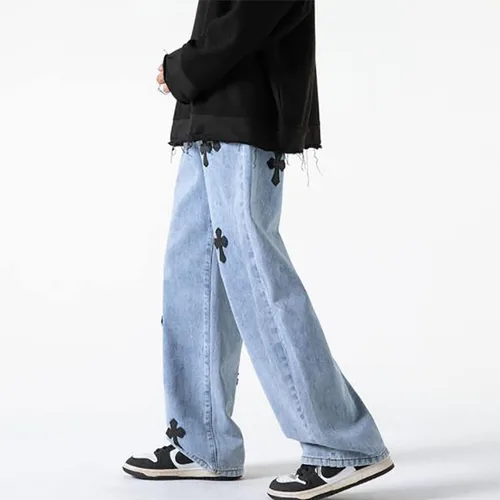 Miniatura 5 de Pantalones de mezclilla holgados para hombre, estilo hip-hop, cruzados, holgados, pierna ancha, rectos, ropa de calle