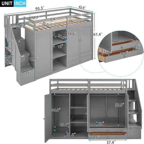 SOFTSEA Cama tipo loft de tamaño individual con escalera de almacenamiento y armario, marco de cama funcional de madera maciza con estantes para