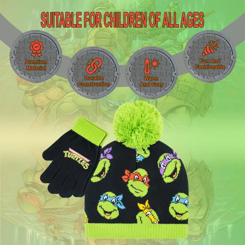 Miniatura 3 de Teenage Mutant Ninja Turtles - Gorro de invierno para niños de 4 a 12 años con guantes de invierno, conjunto de gorro y guantes de invierno TMNT