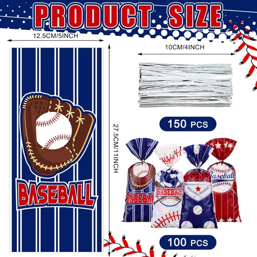 Miniatura 2 de HOTOP 100 bolsas de celofán de béisbol, regalos de fiesta de béisbol, bolsas de regalo de béisbol, bolsas de golosinas de béisbol, bolsas de dulces