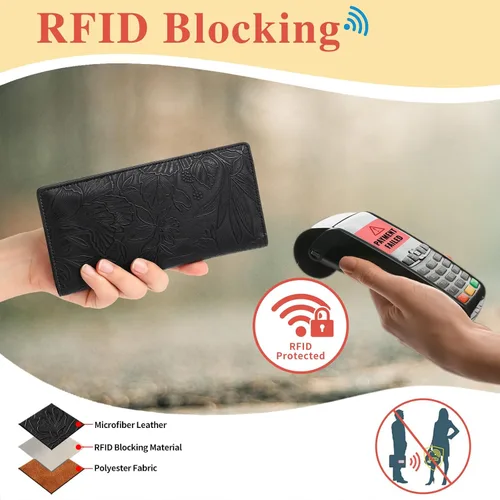 Miniatura 7 de FALAN MULE Cartera delgada ultrafina para mujer, de cuero plegable, bloqueo RFID, tarjetero de diseño, Negro
