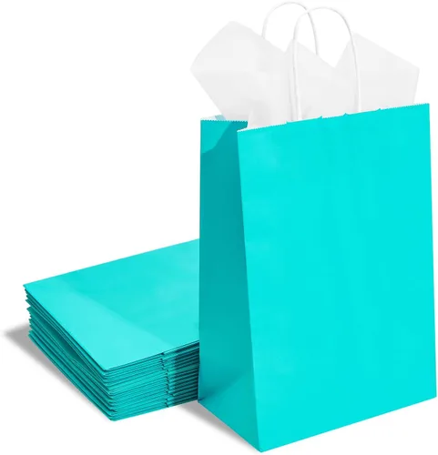 Miniatura 2 de DjinnGlory Paquete de 24 bolsas de regalo de papel azul turquesa de tamaño mediano con asas de 10 x 8 x 4 pulgadas y 24 papel de seda para Verde