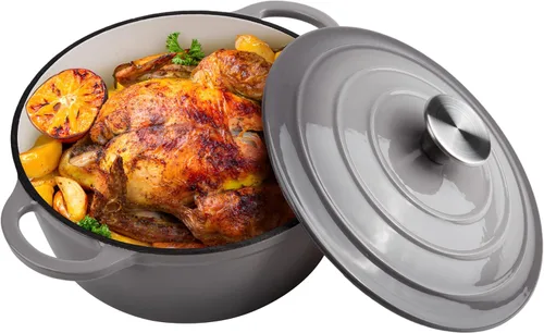 Horno holandés de hierro fundido esmaltado de 6 cuartos de galón con tapa, asas dobles grandes, apto para horno hasta 500 °F, olla redonda clásica