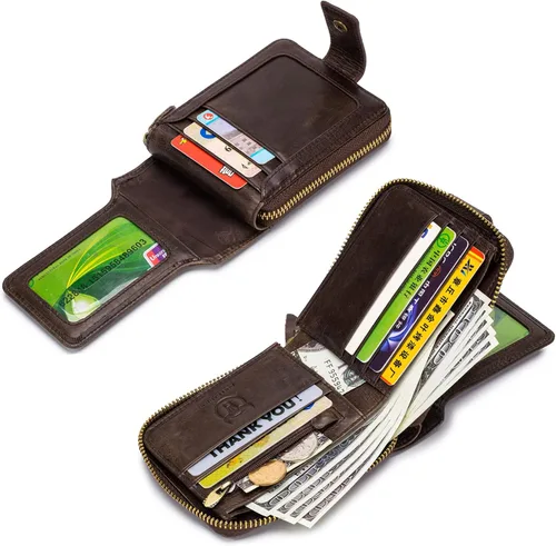 Miniatura 101 de LUKZIJAES Billetera de cuero genuino para hombre, con bloqueo RFID, delgada, plegable, bolsillo frontal, #3-Café, Vintage