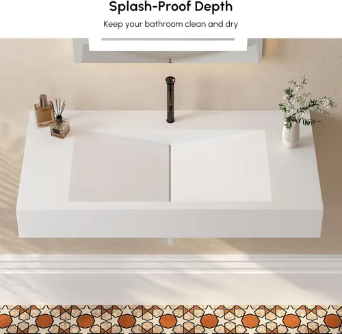 Miniatura 5 de Lavabo de Recipiente de 35'' Montaje en Pared Lavabo de Baño Lavabo Flotante en Forma de V Resina de Piedra en Blanco Mate En forma de V - Blanco