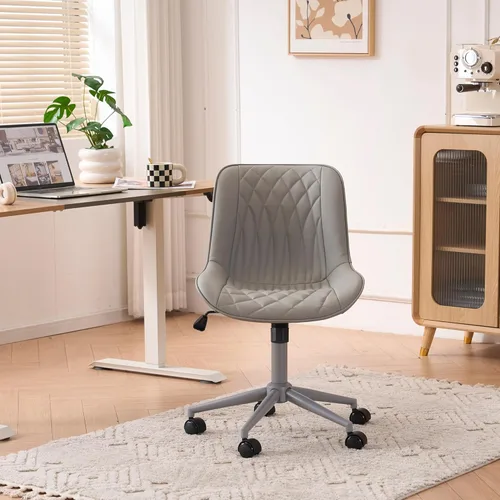 Miniatura 9 de YOUNIKE Silla de oficina ergonómica de piel sintética gris sin brazos, cómoda silla de escritorio con respaldo mecedor, bonita silla giratoria