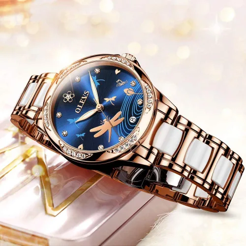 Miniatura 5 de OLEVS Relojes para mujer, mecánico automático, cuerda automática, oro rosa, reloj de mujer, vestido de diamante, pulsera de cerámica, impermeable