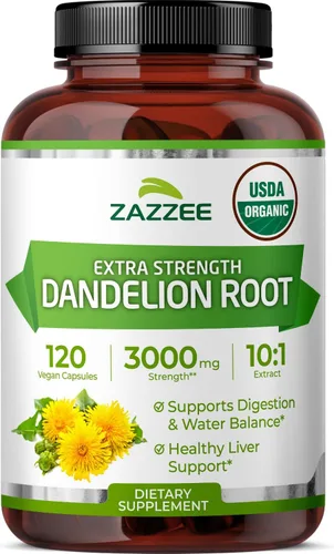 Zazzee USDA Organic Extracto de Raíz de Diente de León 10:1, Potencia de 3000 mg, 120 Cápsulas, Suministro para 4 Meses, Extracto Estandarizado y