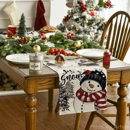 Miniatura 2 de Artoid Mode Árboles de Navidad Deja que nieve Muñeco de nieve negro Camino de mesa de Navidad, decoración de mesa de comedor para vacaciones