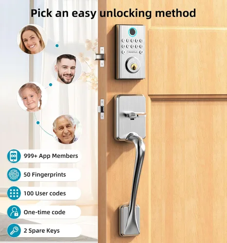 Miniatura 7 de Juego de cerradura de puerta inteligente WiFi: cerrojo de entrada sin llave HEANTLE con asa, cerrojo de huella dactilar, teclado digital