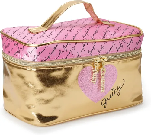 Juicy Couture Bolso de Maquillaje Oro Rosa Organizador de Cosméticos Esenciales de Viaje Estuche de Tren Corazón Brillante