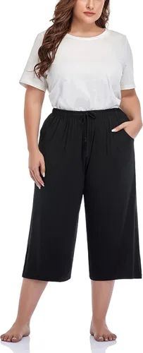 Miniatura 5 de ZERDOCEAN Pantalones casuales de pierna ancha para mujer, talla grande, cómodos, capri, relajados, con bolsillos con cordón