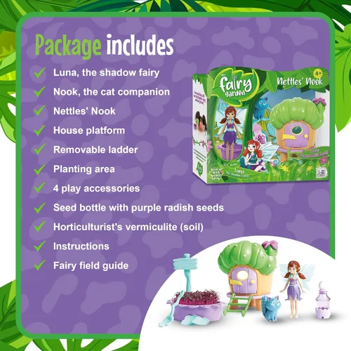 Miniatura 6 de My Fairy Garden Nettles' Nook Mini Terrarium - Pequeño jardín con hada de sombra y muñeca de gato - Cultiva tu propio mini kit de jardín - Juego