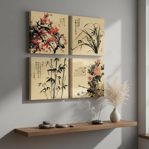 Miniatura 2 de JiazuGo Lienzo decorativo asiático oriental para pared, cuadros chinos para decoración estética de dormitorio, juego de 4 obras de arte estiradas