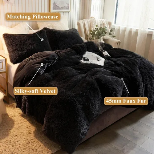 Miniatura 2 de XeGe juego de funda de edredón de terciopelo de lujo ultrasuave, juego de cama de 2 piezas, 1 funda de edredón de piel sintética y 1 funda