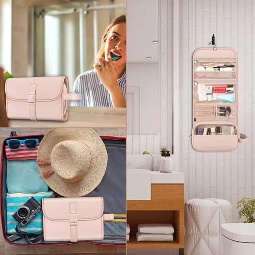 Miniatura 7 de Fintie - Bolsa de viaje portátil para cosméticos y artículos de aseo, gran organizador colgante resistente al agua para maquillaje, estuche de Rosa