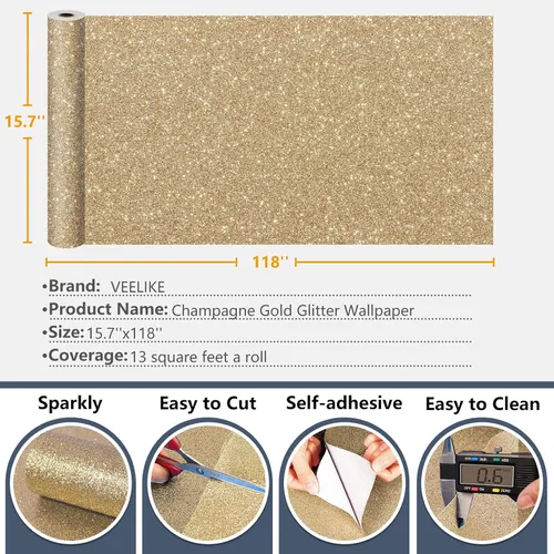 Miniatura 8 de VEELIKE 15.7"x118" Papel pintado de oro champán con purpurina para despegar y pegar, papel de contacto autoadhesivo extraíble con purpurina, rollo