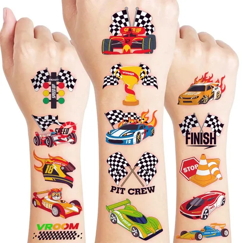 120 tatuajes temporales precortados de autos de carreras para niños, recuerdos de fiesta de cumpleaños con temática de autos de carreras súper