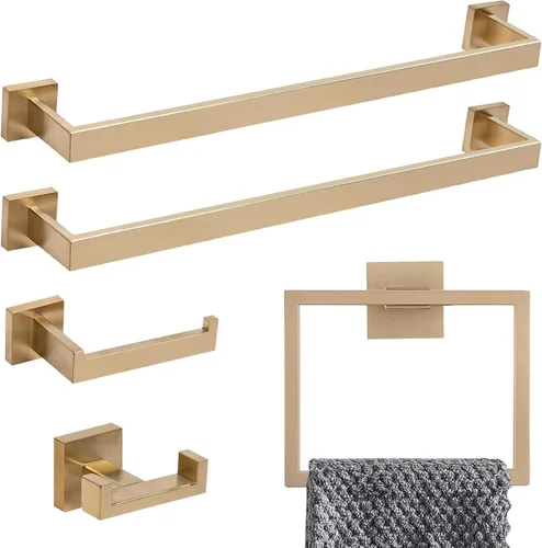 Lava Odoro Juego de toallas de 5 piezas, oro champán, moderno juego de accesorios de baño de oro cepillado de 23.6 pulgadas, juego de toalleros de