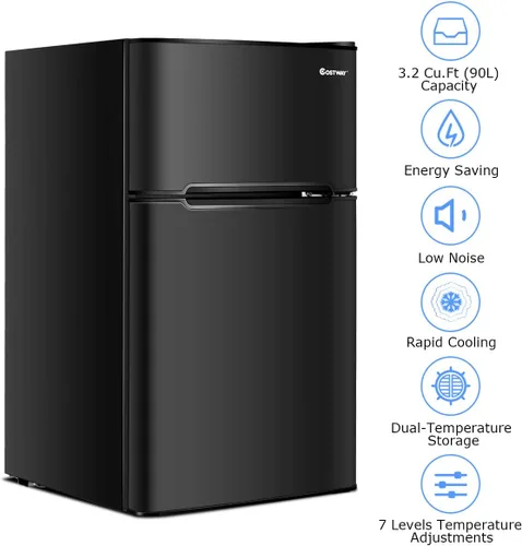 Miniatura 9 de COSTWAY Mini refrigerador con congelador, 3.2 pies cúbicos, mini congelador enfriador refrigerador de 2 puertas con puerta reversible, estantes