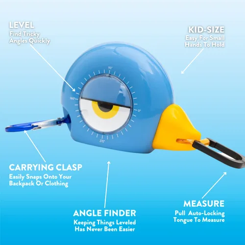 Miniatura 11 de Handy Famm Cinta métrica de pájaro azul de 8 pies para niños, herramienta educativa STEM con nivel, transportador, diseño retráctil, juguete