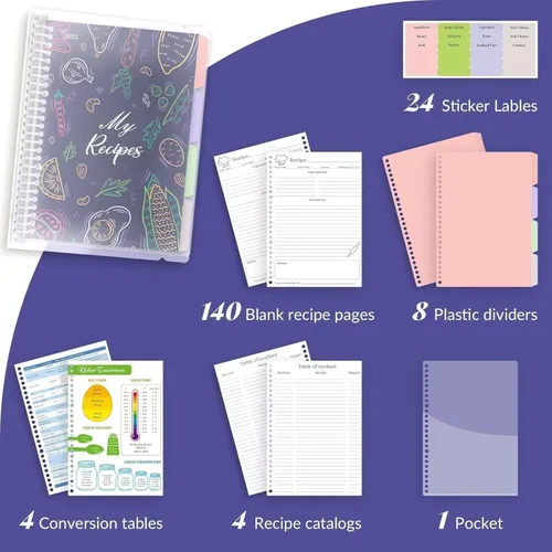 Miniatura 2 de Libro de recetas en blanco para escribir en tus propias recetas, carpeta de recetas familiares extraíble de tapa dura de 8.5 x 11 pulgadas con azul