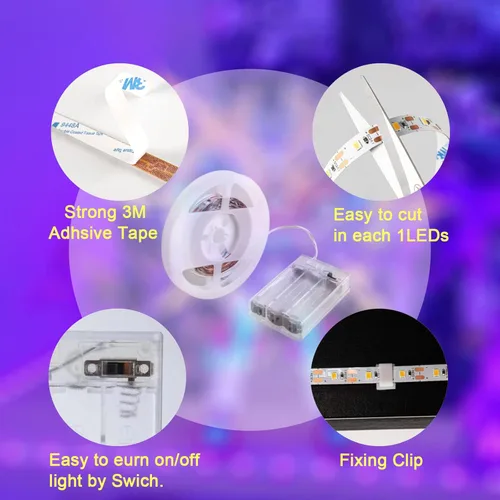 Miniatura 7 de Tiras de luz LED negras de 6.6 pies, 120 tiras LED UV a pilas para fiesta brillante, Halloween, vidrio, póster, pintura, batería no incluida