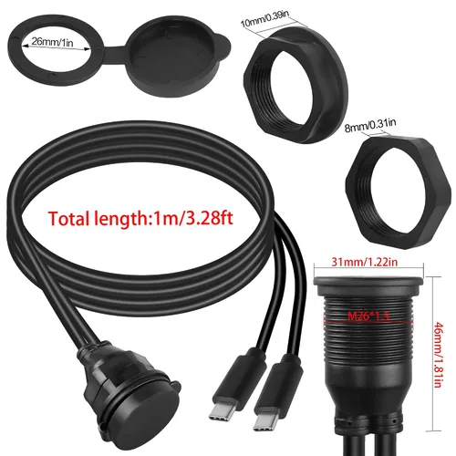 Miniatura 6 de QIANRENON 2 USB C roscado montaje empotrado cable impermeable doble USB C 2.0 macho a hembra montaje en tablero de coche cable de extensión