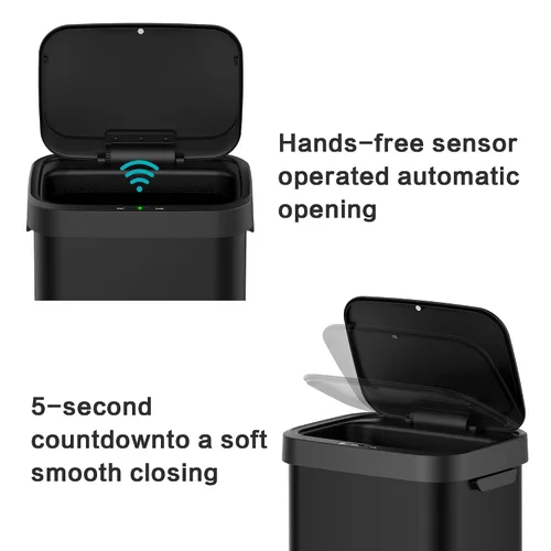 Miniatura 4 de Cubo de basura de acero inoxidable con sensor sin contacto de 13 galones, diseño rectangular ancho, acabado cepillado, tapa automática para el Negro