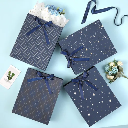 Miniatura 3 de KomoLeay Paquete de 4 bolsas de regalo de tamaño mediano de 9 pulgadas, bolsas de regalo azules de alta calidad con papel de seda para cumpleaños