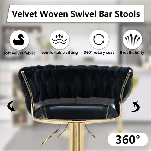 Miniatura 3 de Juego de 2 taburetes de bar tejidos de terciopelo, taburetes de cocina de altura ajustable, silla de isla, sillas de bar giratorias de 360°, chasis