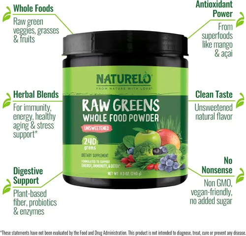 Miniatura 2 de NATURELO Polvo de superalimentos de verdes crudos - Sin azúcar - Aumenta la energía, desintoxica, mejora la salud - Espirulina orgánica - Hierba