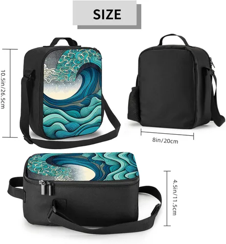 Miniatura 3 de Un patrón de ondas azules y verdes en el estilo. Lonchera portátil aislada, reutilizable, para mujeres, hombres, trabajo, picnic, campamento, 10.5 x