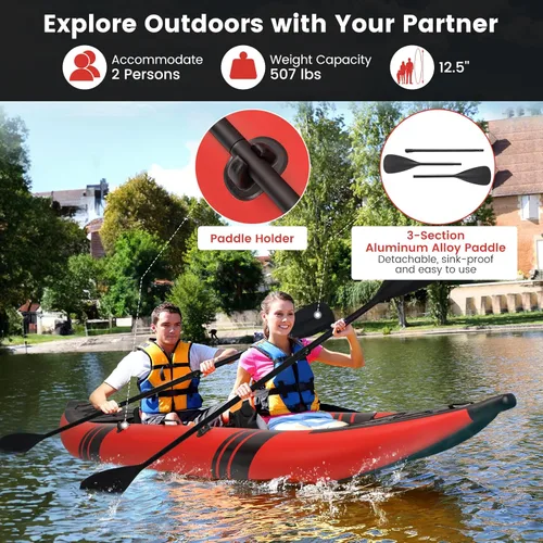 Miniatura 2 de GYMAX Kayak inflable, kayak tándem de 12.5 pies y 507 libras con 2 remos de aluminio, 2 asientos acolchados, reposapiés, 2 aletas, bomba de mano