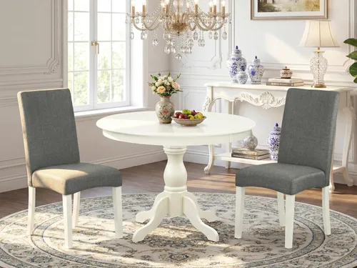Miniatura 2 de East West Furniture HBDR3-LWH-07 - Juego de comedor de 3 piezas que contiene una mesa de comedor redonda con pedestal y 2 sillas Parson tapizadas
