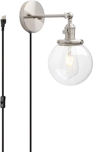 Miniatura 14 de PERMO Iluminación de candelabro de pared industrial vintage con sombra de globo de vidrio transparente redondo de 5,9" soplado a mano (Negro)