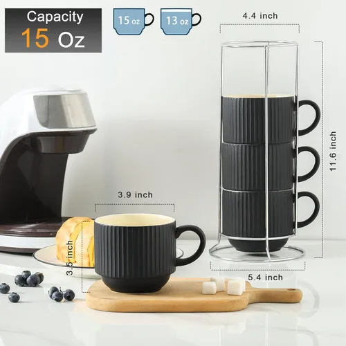 Miniatura 3 de HASENSE Juego de 4 tazas de café de cerámica con soporte, tazas grandes apilables para café con soporte de metal, aptas para lavavajillas y Negro
