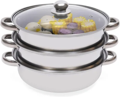 Vaporizador de 3 niveles de acero inoxidable para cocinar con tapa de vidrio templado para cocinar alimentos al vapor 28cm/11in