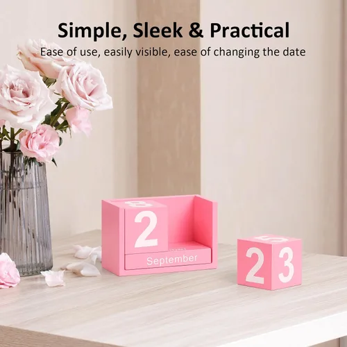 Miniatura 5 de Calendario de Bloques de Madera para Escritorio, Calendario Perpetuo de Escritorio de Tamaño Pequeño, Lindo Juego de Bloques de Fecha para Rosa