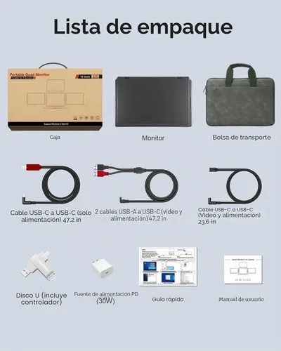 Miniatura 5 de Monitor portátil de triple pantalla de 16 pulgadas para laptop, extensor de pantalla FHD 1200P, 1 cable para monitor cuádruple de 3 pantallas, Gris