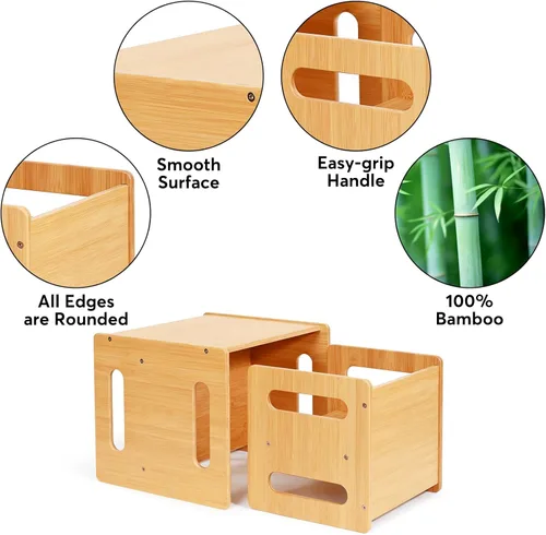 Miniatura 6 de Juego de mesa y silla para niños, mesa y silla de destete Montessori, silla de escritorio pequeña de bambú natural, juego de mesa de actividades