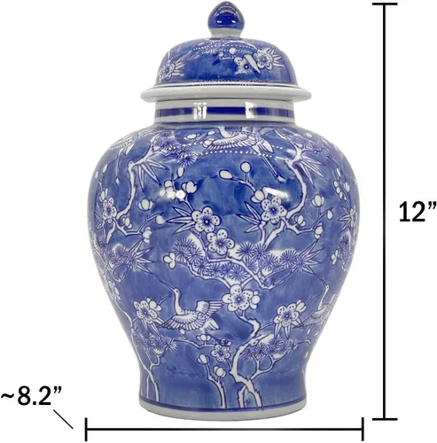 Miniatura 7 de Galt International Tarro chinoiserie de grúa floral azul y blanco de 12 pulgadas con tapa, tarro de jengibre, almacenamiento de té, decorativo