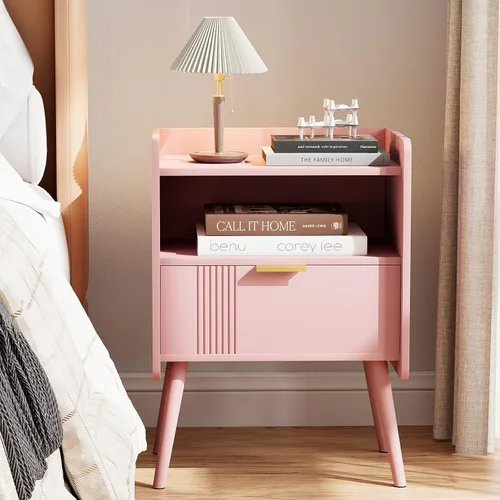 Miniatura 11 de Aenuert Mesita de noche moderna con cajón de almacenamiento y estante abierto, soporte de noche pequeño, mesa auxiliar de sofá de madera para Negro