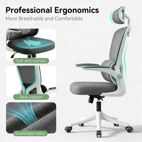 Miniatura 6 de Silla de oficina ergonómica, silla de escritorio de malla blanca y negra con soporte lumbar ajustable y reposacabezas, ruedas giratorias de 360°