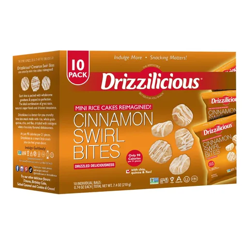 Drizzilicious Mini tortas de arroz con remolino de canela - Crisps de arroz, aperitivo saludable para adultos y niños, tortas de arroz saborizadas,