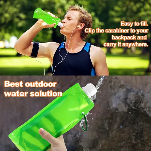 Miniatura 4 de 10 botellas de agua plegables plegables de 16.2 fl oz, a prueba de fugas con mosquetón, sin BPA, bolsas reutilizables para viajes, gimnasio