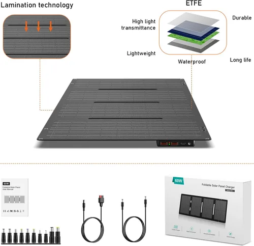 Miniatura 3 de Panel solar portátil de 60 W, cargador solar plegable con salida DC/USB C/USB A, cable de CC para estación de energía solar, banco de energía