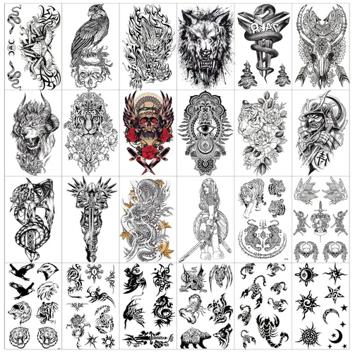Miniatura 4 de Aresvns Calcomanías de tatuaje temporales realistas, 16 hojas de tatuajes falsos para hombres o mujeres con 8 hojas de tatuajes negros pequeños