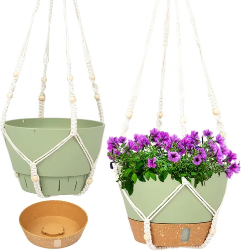 Miniatura 8 de QCQHDU Paquete de 2 macetas colgantes de 10 pulgadas para plantas de interior y exterior, cestas colgantes macetas de flores con bandeja de depósito