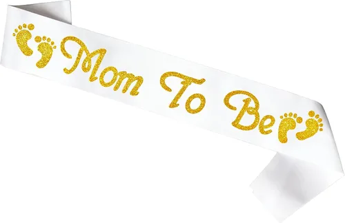 Miniatura 2 de Mom to be Sash, Satin with Gitter Font and Baby Foot, Best Baby Shower Mommy Decor, Gender Reveal Party Boy Or Girl Blanco - Dorado